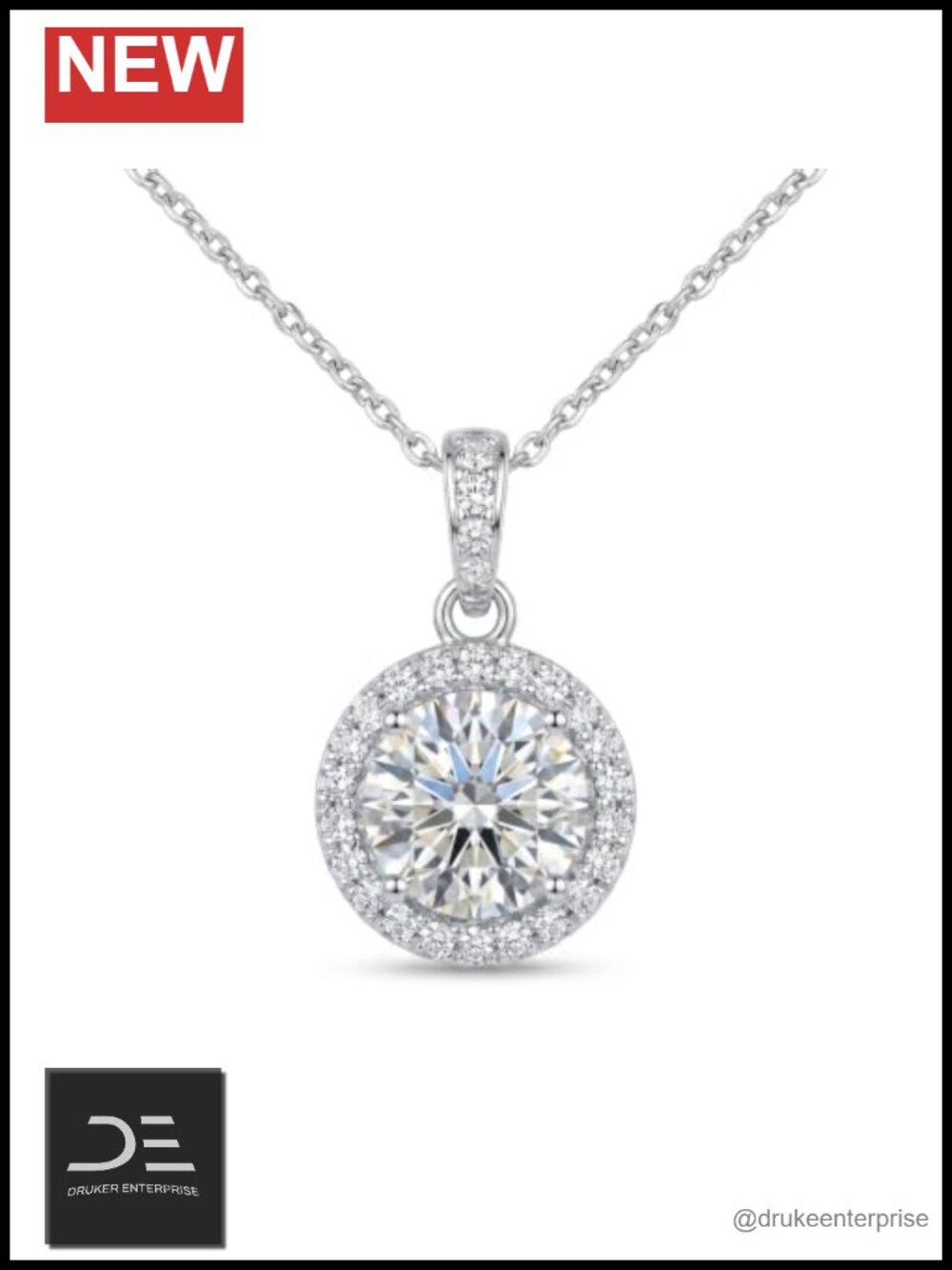 925 Sterling Silver Moissanite Round Halo Pendant Necklace